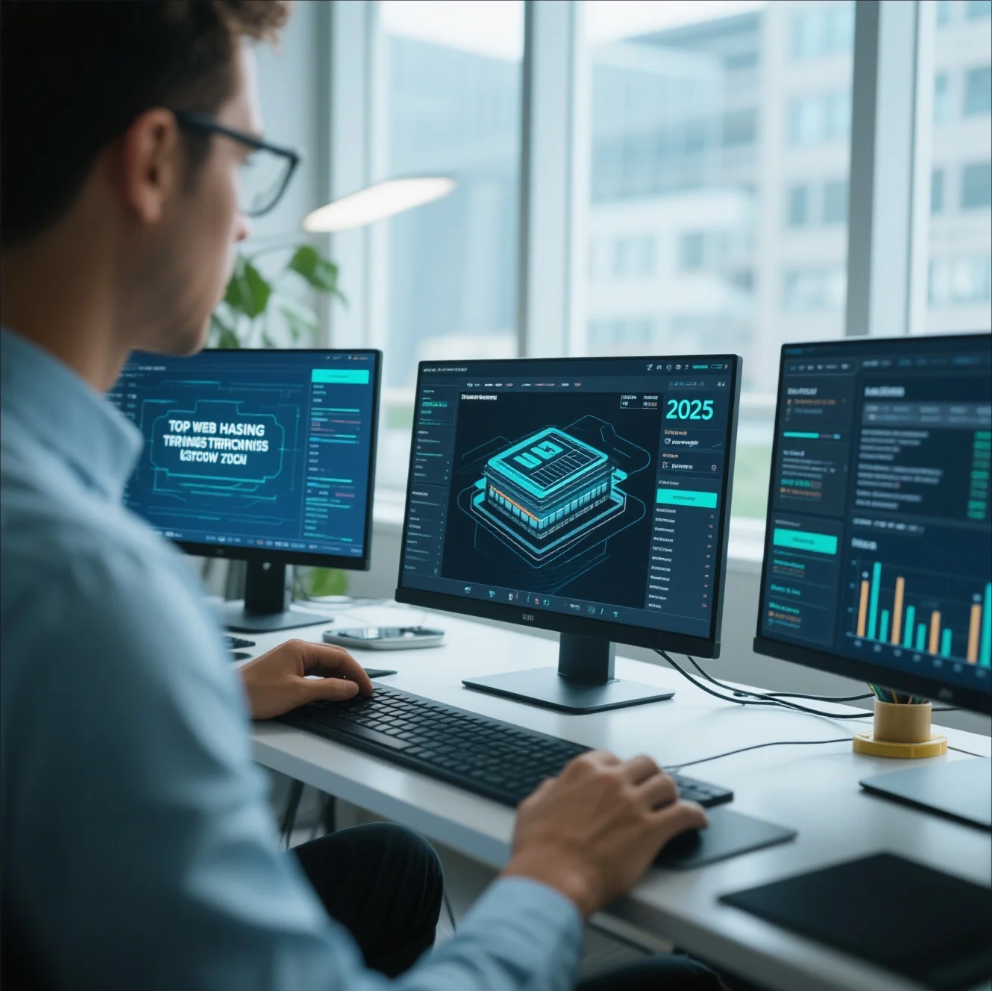 Modern web hosting servers with AI, cloud, and green energy elements representing 2025 hosting trends