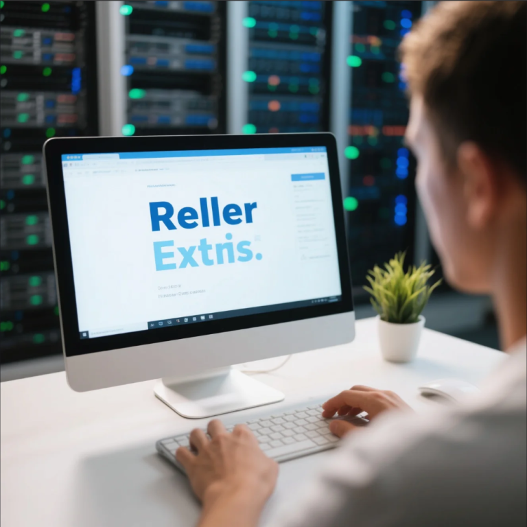 Illustration of reseller hosting concept with servers, clients, and brand management