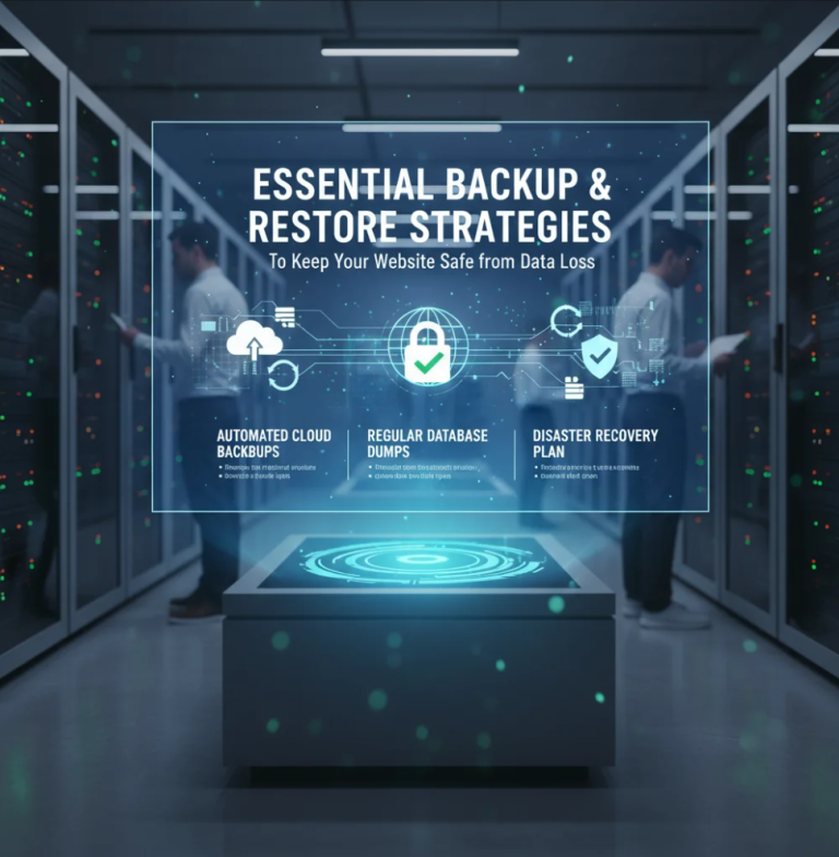 Website backup and restore concept showing data protection and secure cloud recovery