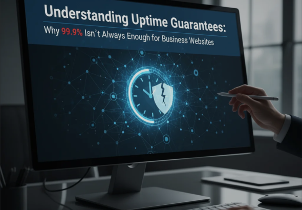 Business website downtime illustration showing server reliability, uptime statistics, and risk indicators, emphasizing importance of hosting reliability for business operations.