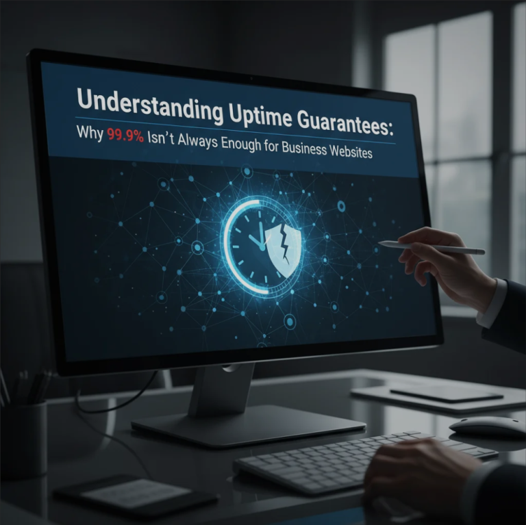 Business website downtime illustration showing server reliability, uptime statistics, and risk indicators, emphasizing importance of hosting reliability for business operations.