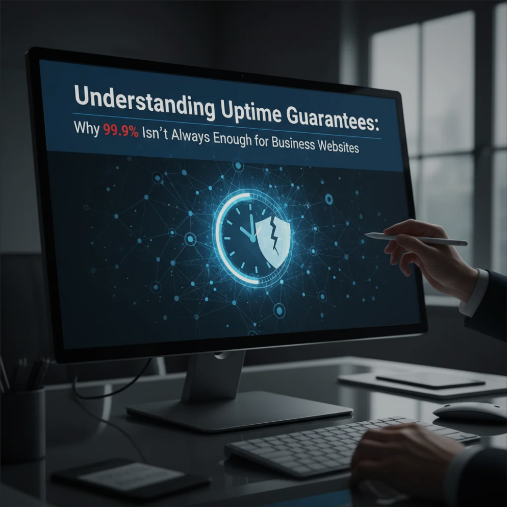 Business website downtime illustration showing server reliability, uptime statistics, and risk indicators, emphasizing importance of hosting reliability for business operations.