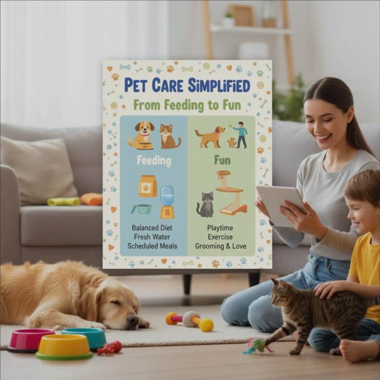 A playful scene with a dog and cat enjoying exercise and fun, representing happy and healthy pet care.