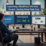 Laptop displaying WordPress dashboard with hosting setup screen in the background.