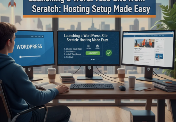 Laptop displaying WordPress dashboard with hosting setup screen in the background.
