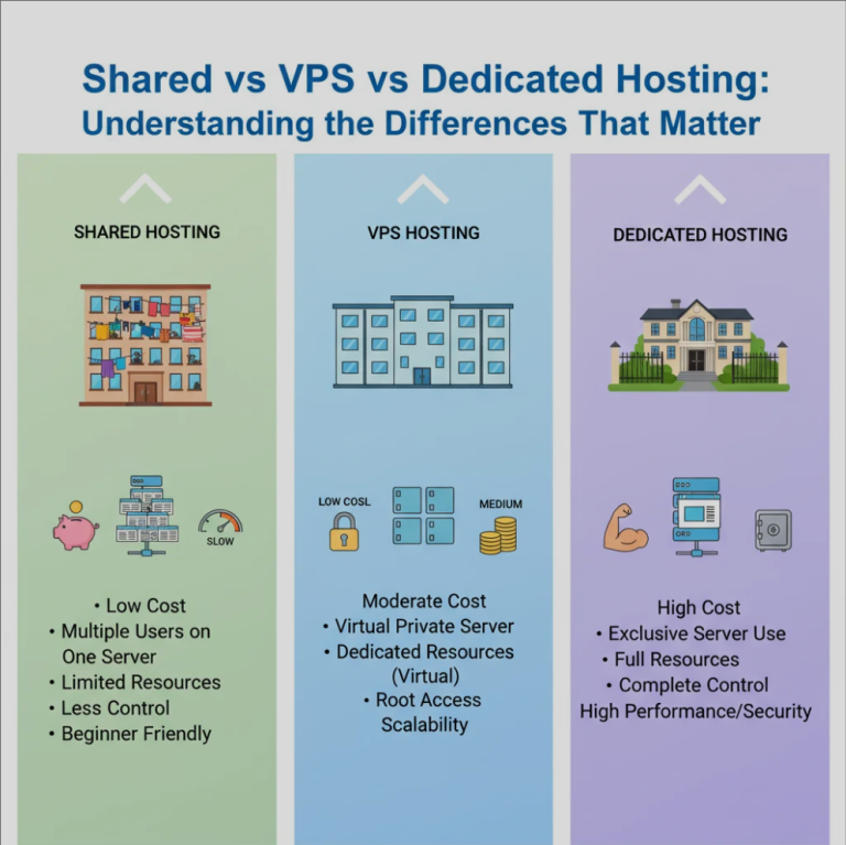 Illustration comparing shared, VPS, and dedicated hosting with server icons and performance indicators