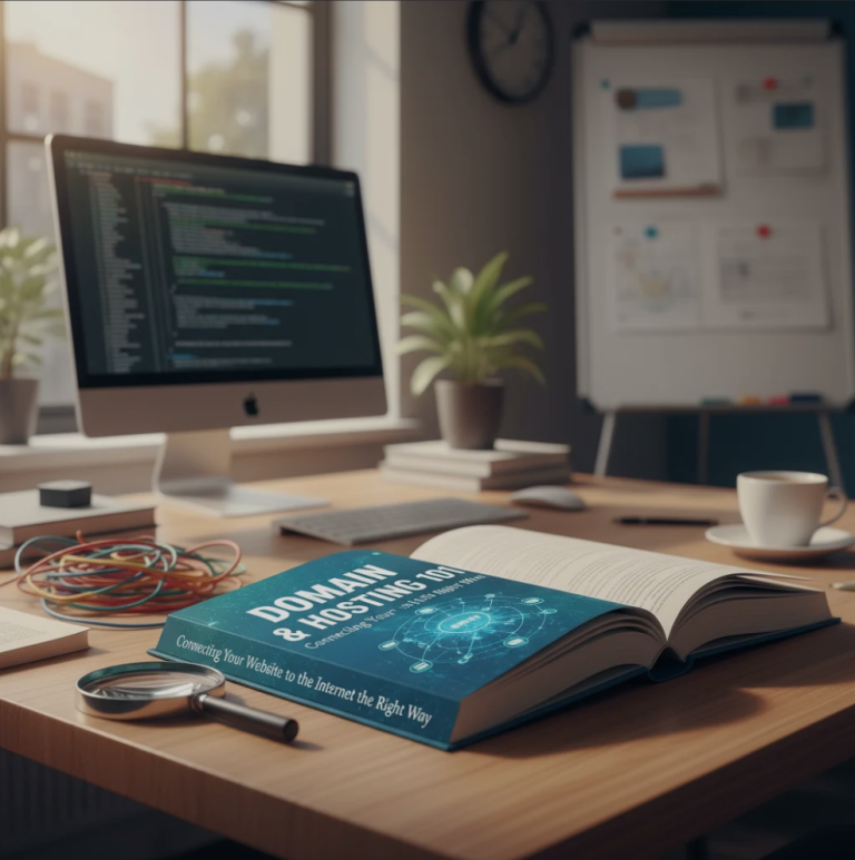 Illustration of a website connected to the internet via domain and hosting services