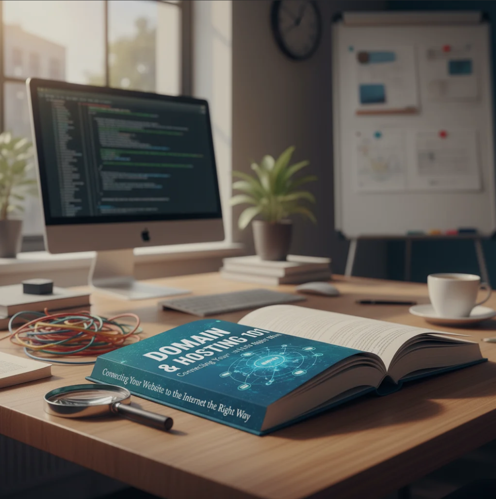 Illustration of a website connected to the internet via domain and hosting services