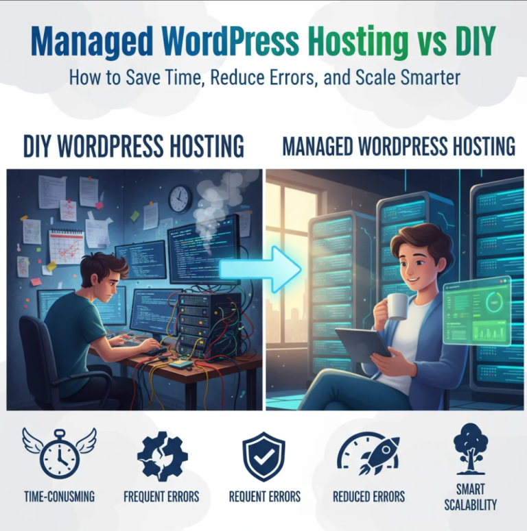 Clock overlayed on WordPress site representing time saved with managed hosting