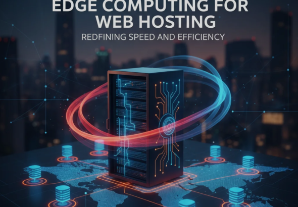 Illustration of edge computing network with distributed servers improving website speed and efficiency