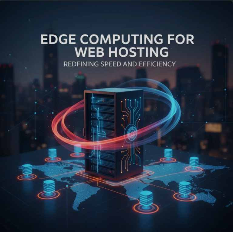 Illustration of edge computing network with distributed servers improving website speed and efficiency
