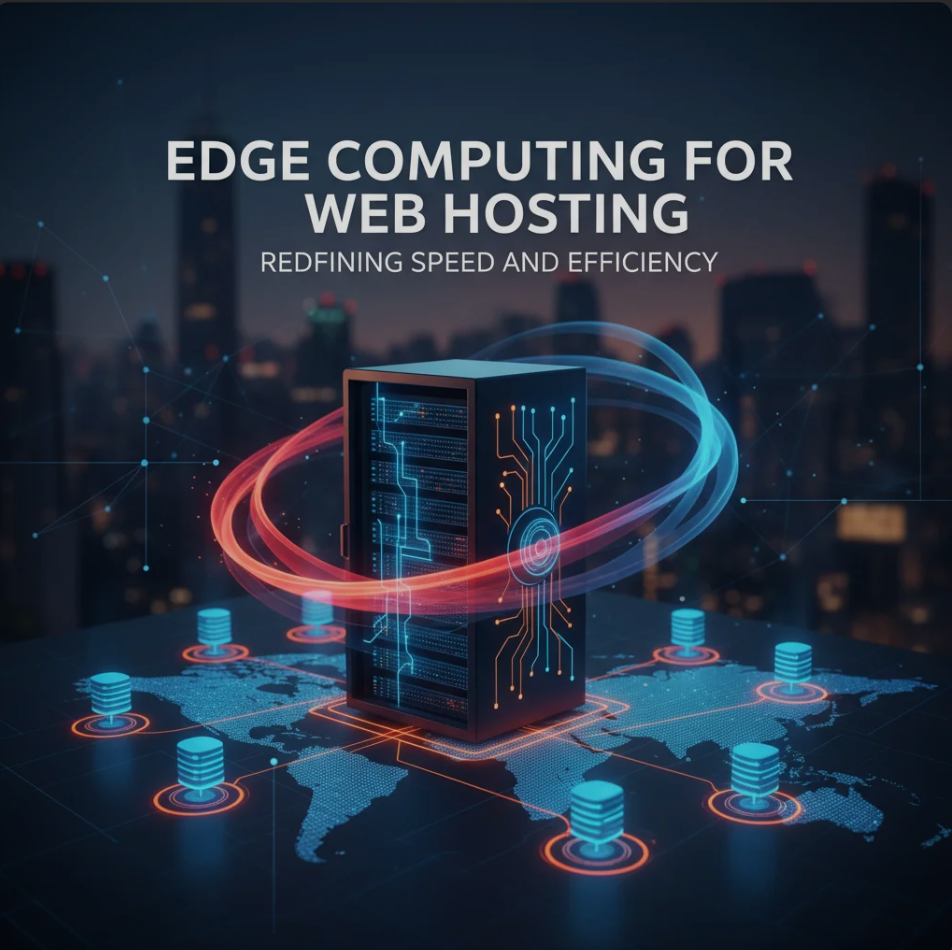 Illustration of edge computing network with distributed servers improving website speed and efficiency