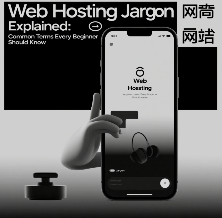 Illustration of a web server with icons representing hosting, domain, and bandwidth