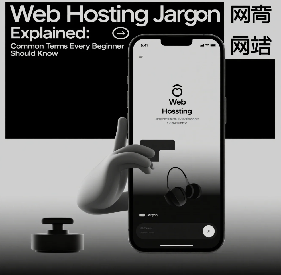 Illustration of a web server with icons representing hosting, domain, and bandwidth