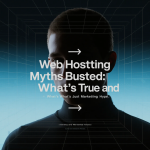 Illustration of servers and cloud icons representing web hosting myths being debunked
