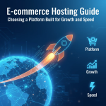 Laptop displaying an e-commerce dashboard with fast loading speed metrics and hosting icons