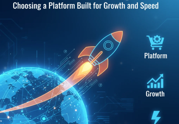 Laptop displaying an e-commerce dashboard with fast loading speed metrics and hosting icons