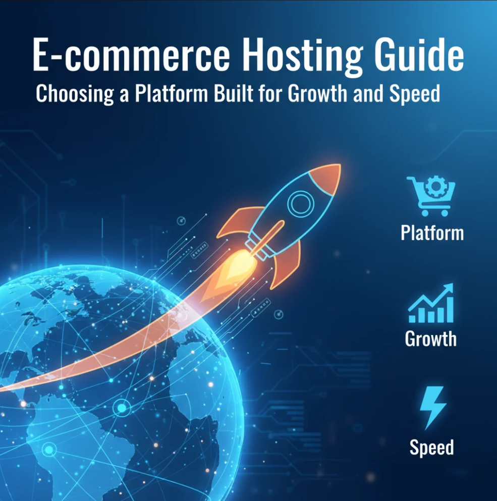 Laptop displaying an e-commerce dashboard with fast loading speed metrics and hosting icons