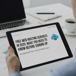 Laptop screen showing a website dashboard with cloud hosting icons and a “Free Hosting” label