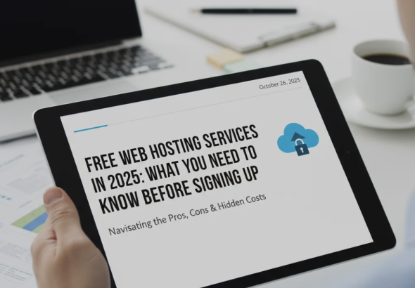 Laptop screen showing a website dashboard with cloud hosting icons and a “Free Hosting” label