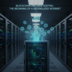 Futuristic server network interconnected with blockchain nodes, symbolizing decentralized web hosting and blockchain technology