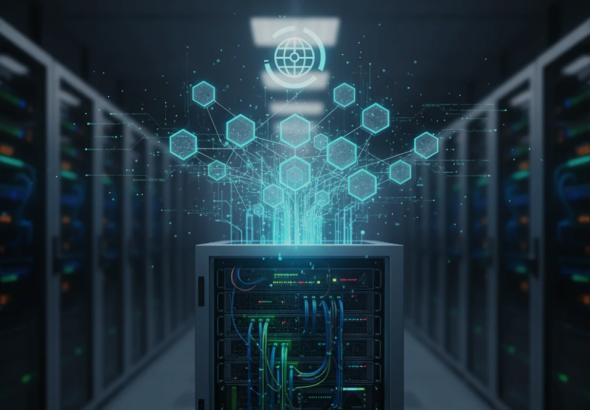 Futuristic server network interconnected with blockchain nodes, symbolizing decentralized web hosting and blockchain technology