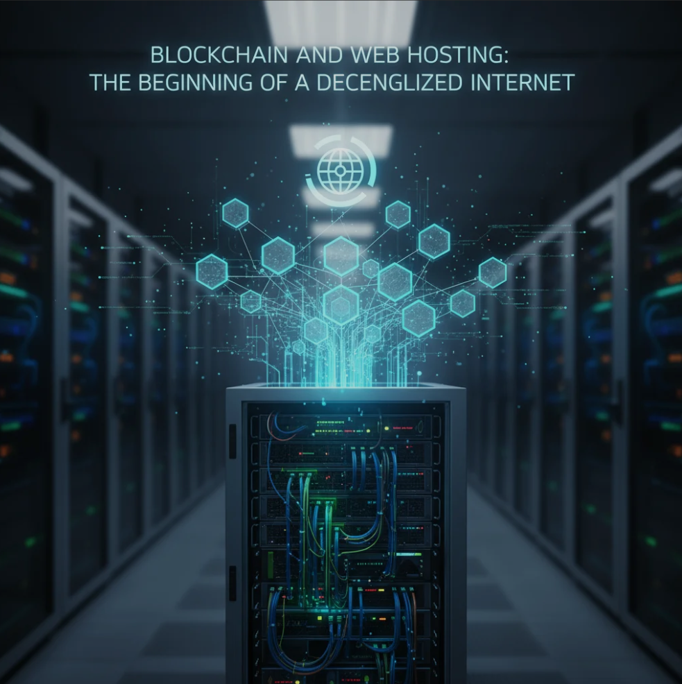 Futuristic server network interconnected with blockchain nodes, symbolizing decentralized web hosting and blockchain technology