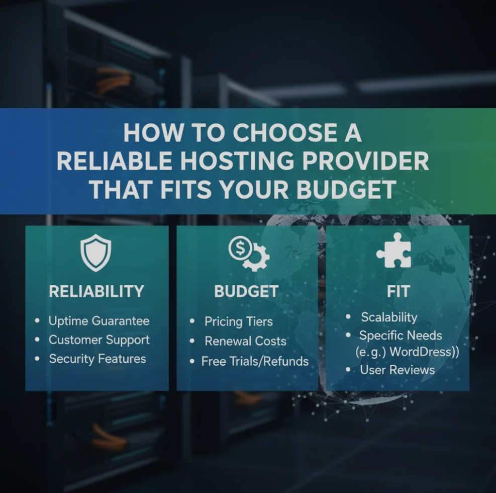 Laptop showing a web hosting dashboard with icons for speed, security, and budget-friendly plans, representing reliable hosting provider selection