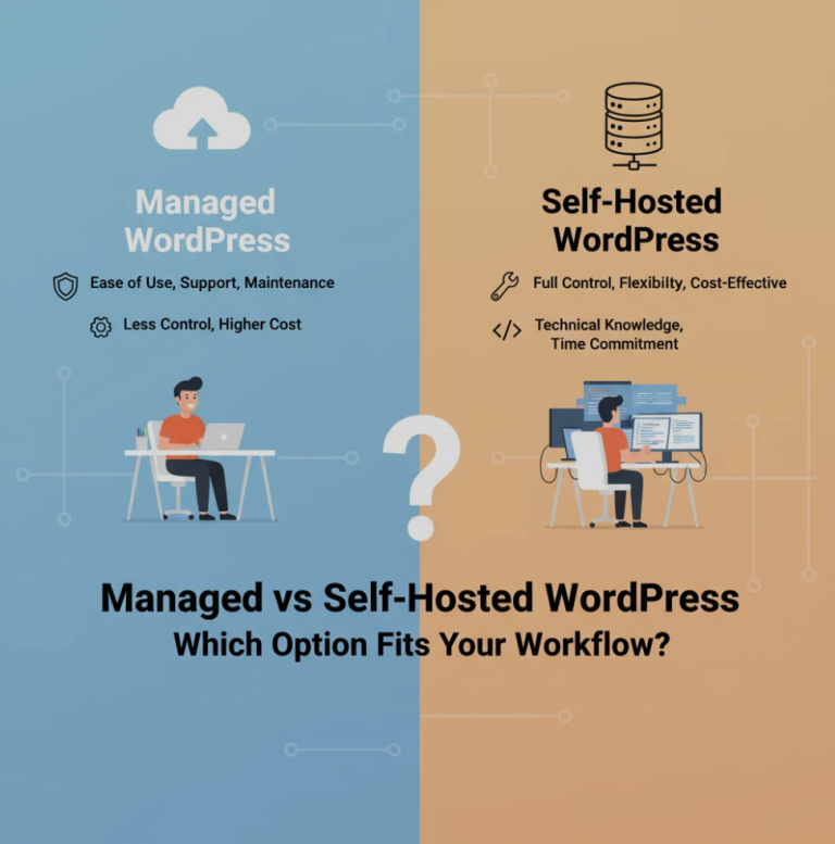 Comparison graphic showing managed WordPress vs self-hosted WordPress setup with icons for hosting, security, and control