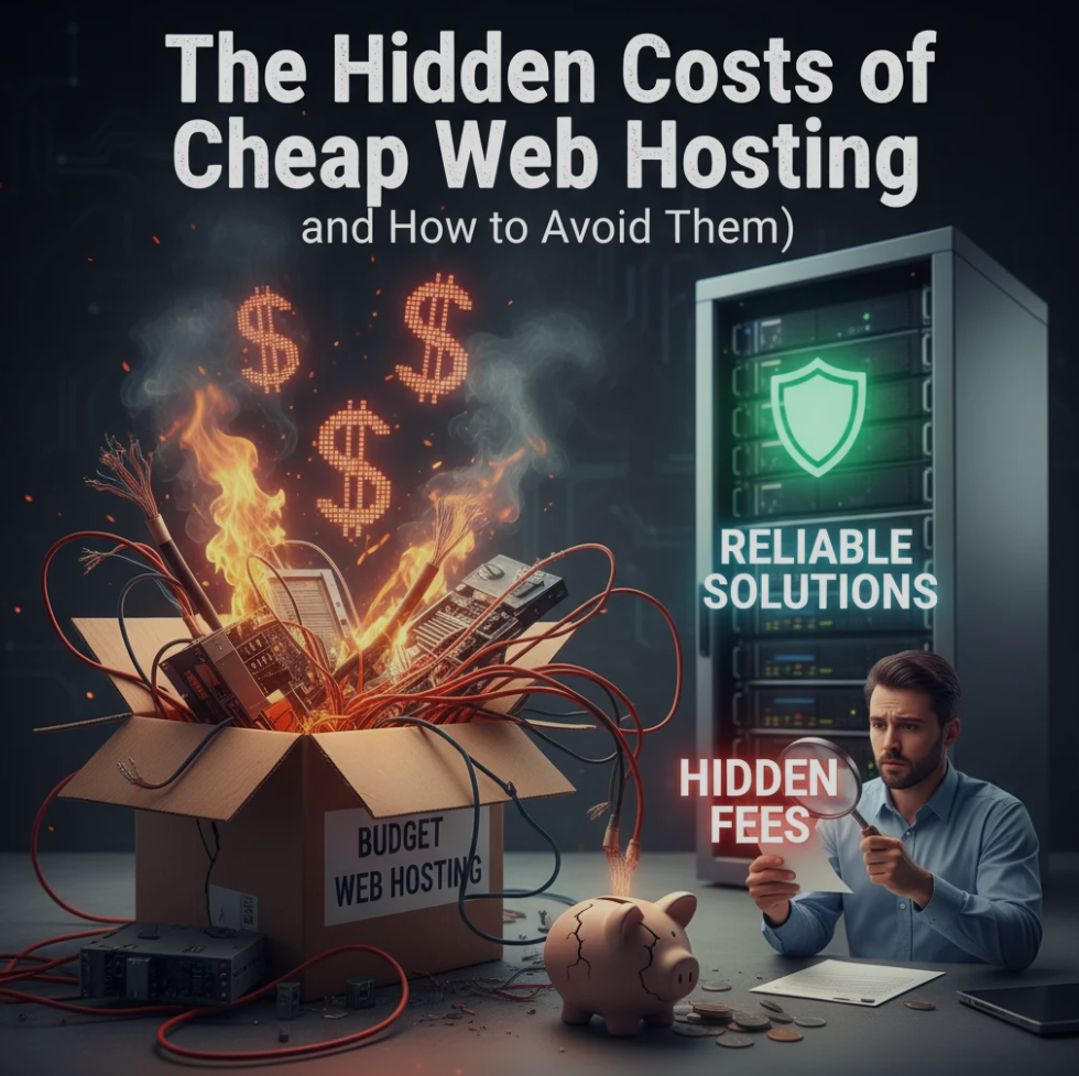 Illustration of a website server with warning signs and dollar symbols representing hidden hosting costs