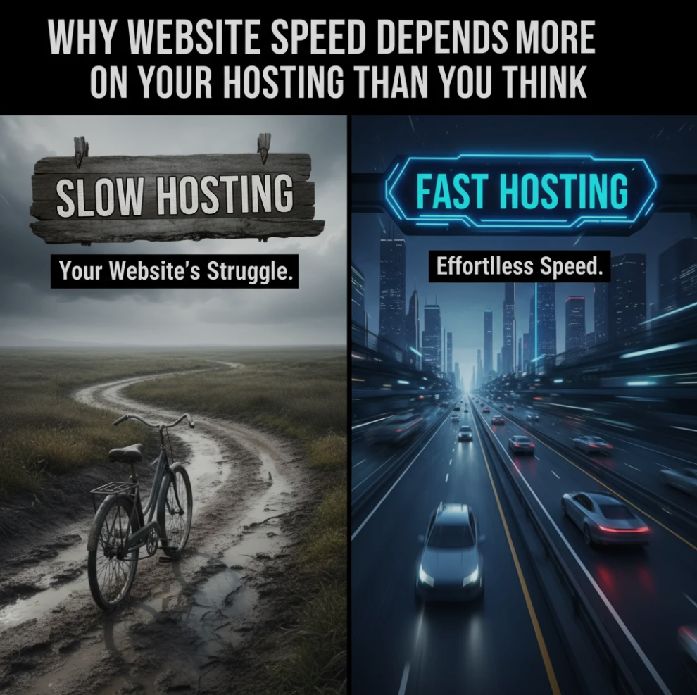 Illustration of a fast-loading website on a computer screen with server icons and speed metrics.