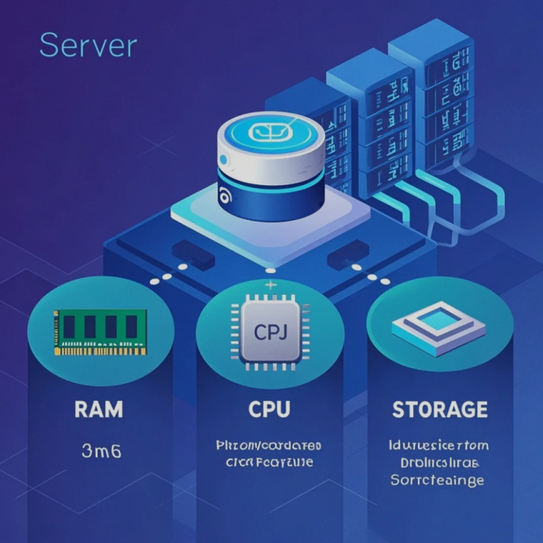 Diagram showing server components including RAM, CPU, and storage for website hosting