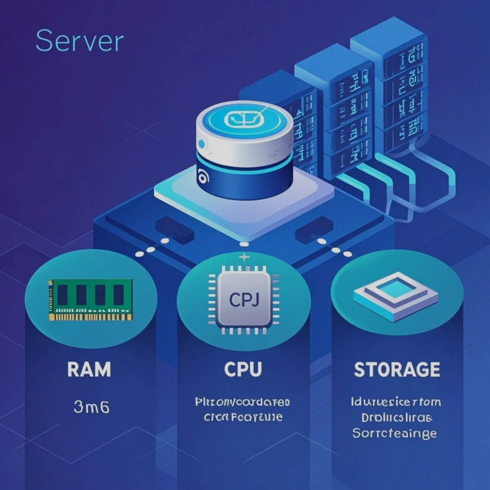 Diagram showing server components including RAM, CPU, and storage for website hosting