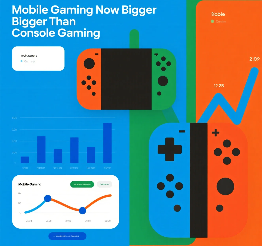 Mobile gamer playing a smartphone game with a global gaming market graphic in the background