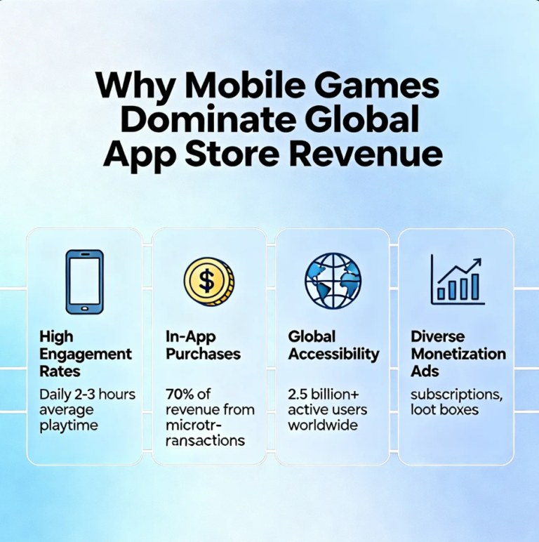 Mobile games dominating global App Store revenue with players engaging on smartphones