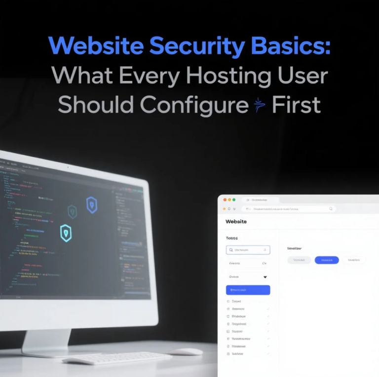 A digital illustration of a secure hosting dashboard with lock icons, firewall elements, and SSL badges