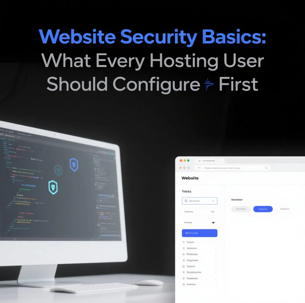 A digital illustration of a secure hosting dashboard with lock icons, firewall elements, and SSL badges