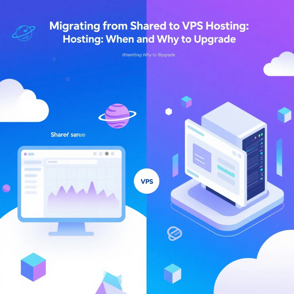 Illustration comparing shared hosting versus VPS hosting with upgraded performance indicators